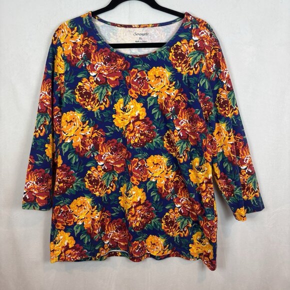 Serengetti Women's Floral Colorful 100% Cotton 3/4‎ sleeve stretch top size XL - Picture 1 of 13